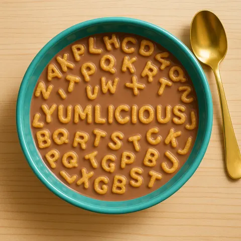 Colorful Bowl Containing Chocolate Milk Hosts Cereal Pieces Shaped Like