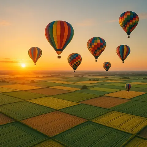Several Colorful Hot Air Balloons Drift Serenely over a Patchwork