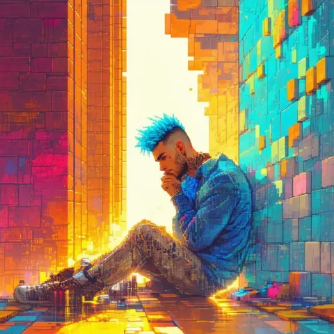 Pensive Blue Mohawk Man in Pixel City Light