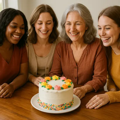 Group of Women Gathered Around a Table with a Festive