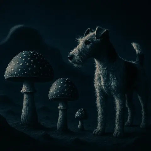Wire-haired Fox Terrier and Agaric Mushrooms