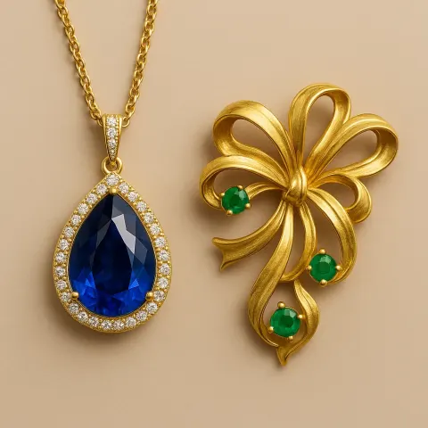 Pendant Shaped Like a Teardrop Featuring Sapphire and a Brooch
