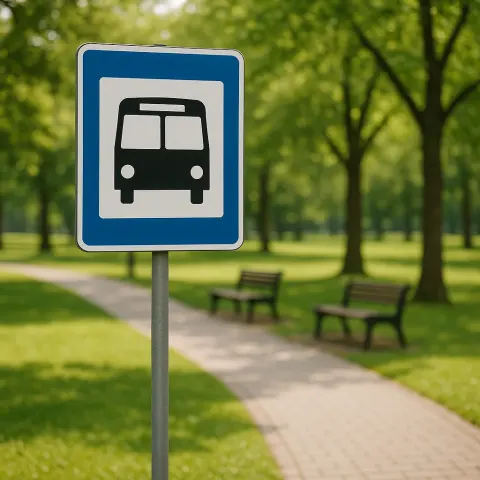 Sign for a Bus Stop with a Park and Some