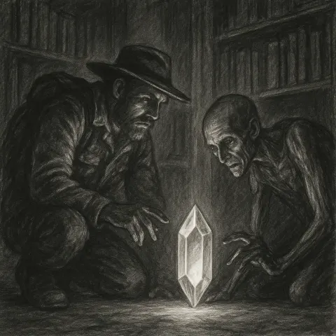Charcoal-sketched Explorer and a Gaunt Person Intensely Examine a Luminous