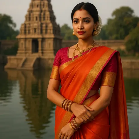 Lady Adorned in a Vibrant and Graceful Traditional Sari Positioned