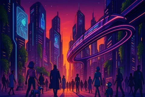 Dynamic Poster Illustrating a Sunset View of a Futuristic City