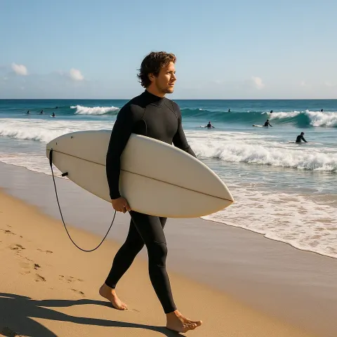 Surfer in a Wetsuit Walks Along a Sunny Beach