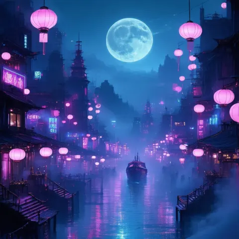Thousand Year Lantern Voyage Under Neon Moon