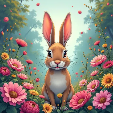 Manga Rabbit Amid a Vibrant Floral Symphony