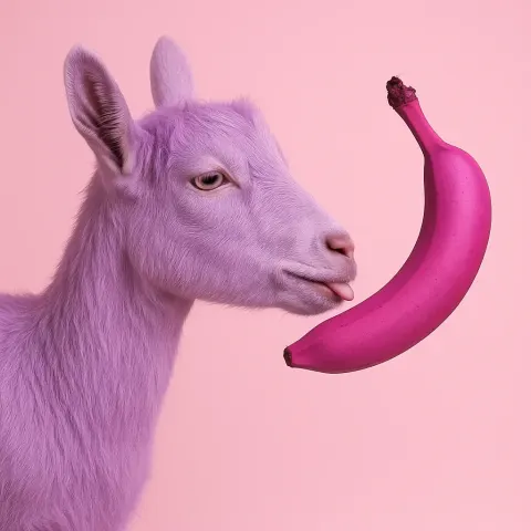 Purple Goat Engaging with a Bright Pink Banana