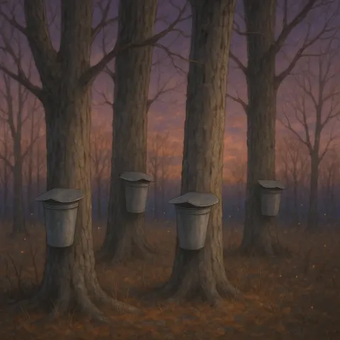 Maple Trees Adorned with Buckets Collecting Sap in the Early