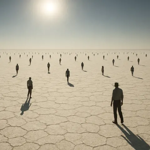 Many Distant Figures Are Sparsely Scattered Across a Vast