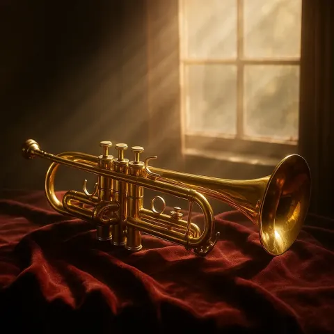 Polished Golden Trumpet Placed on Soft Velvet Fabric