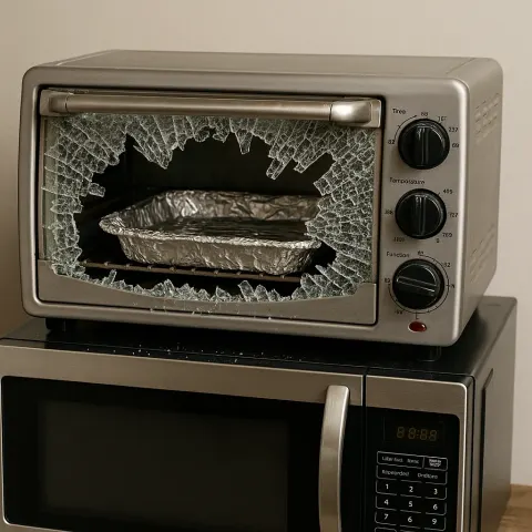 Silver Toaster Oven with a Shattered Glass Door