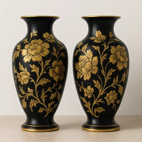 Two Ornate Black and Gold Vases with Floral Patterns