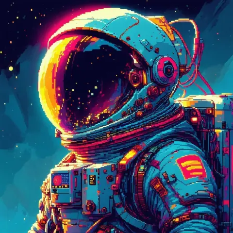 Retro Futuristic Pixel Cosmonaut With Cybernetic Wiring