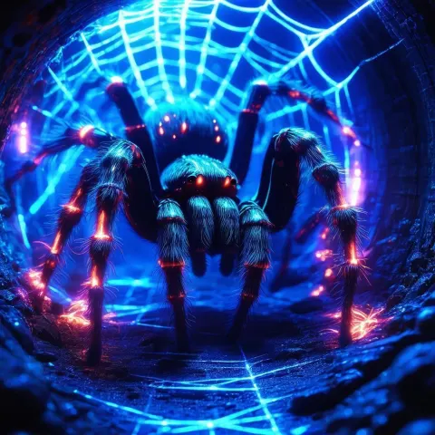 Monstrous Tarantula Lurking in Neon Cybernetic Tunnel