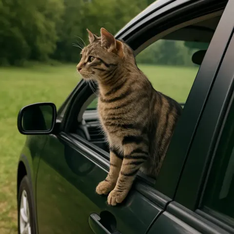 Striped Cat Standing Halfway Out of a Car Window
