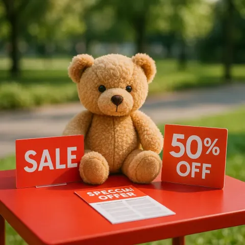 Stuffed Teddy Bear Sits on a Red Table