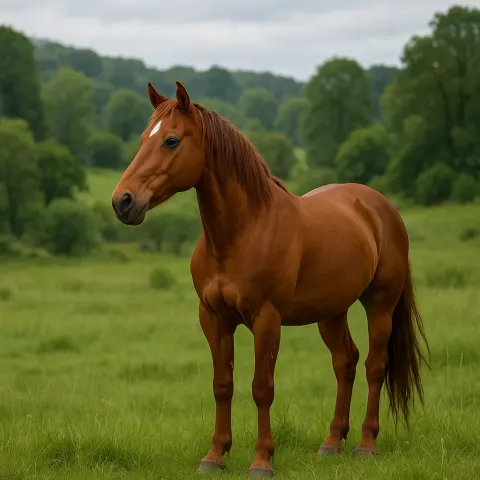 Horse with a Chestnut Coat Stands Peacefully in a Grassy