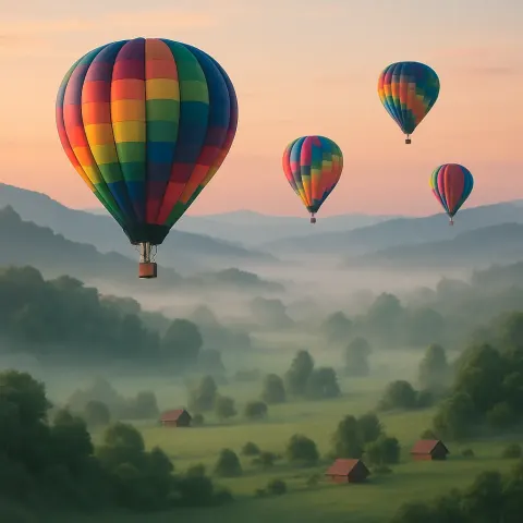 Few Colorful Hot Air Balloons Drift Serenely over a Misty