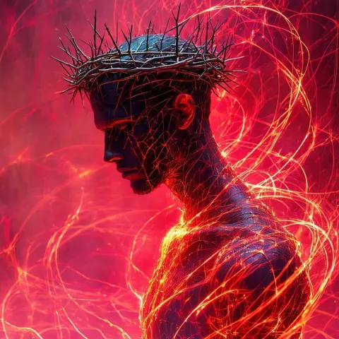 Wired Figure Crowned With Thorns in Crimson Glow