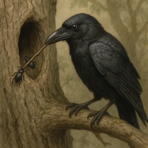 Raven Sitting on a Tree Branch Using its Beak