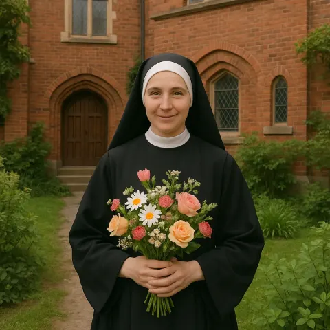 Nun Holding a Bouquet of Flowers Stands in Front