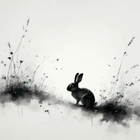 Minimalist Rabbit in Grass Touched by Divine Light