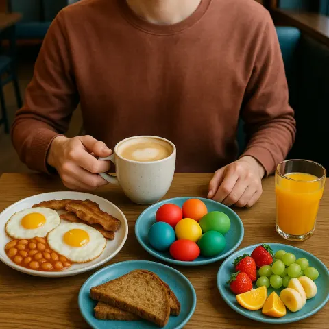 Person Sits at a Table in a Café with Plates