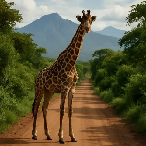 Giraffe Stands on a Dirt Road Surrounded by Lush Greenery