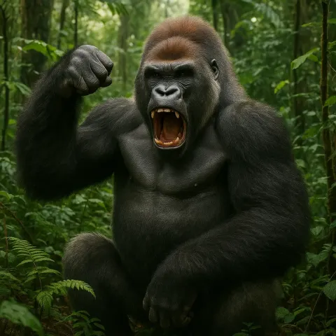 Dominant Silverback Gorilla Demonstrating its Power in a Vibrant