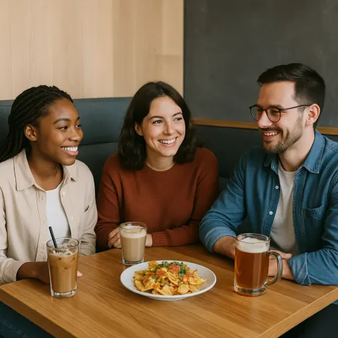 Three People Sitting at a Wooden Booth Table with Drinks