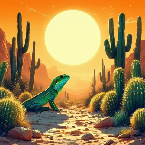 Desert Lizard Basking Under a Glowing Stylized Sun