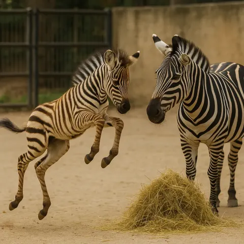 Baby Zebra with Distinct Stripes Playfully Leaps in a Zoo