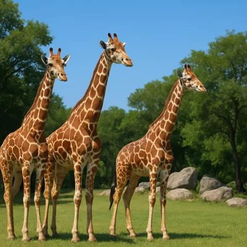Three Giraffes Standing in a Grassy Area Surrounded by Trees