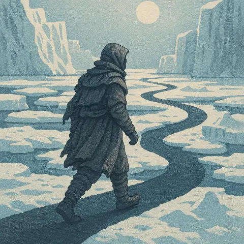 Solitary Figure in Layered Textiles Purposefully Strides Along an S-curve