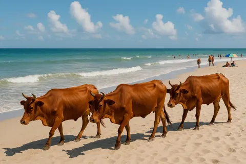 Cows Walking Along a Sandy Beach near the Shoreline