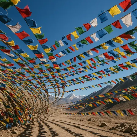 Hundreds of Brightly Colored Prayer Flags Flutter Violently