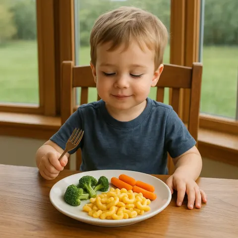 Child Sits at a Wooden Dining Table