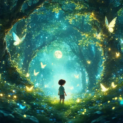 Child Wandering a Moonlit Forest of Faeries