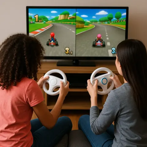 Two Girls Are Playing a Multiplayer Racing Video Game