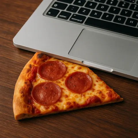 Slice of Pizza Placed under the Keyboard of a Laptop