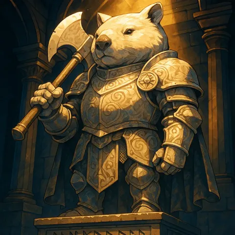 Majestic Marble Statue of a Wombat Knight Stands