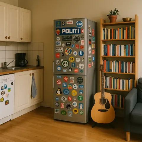 Kitchen and Living Space Featuring a Fridge Covered in Stickers