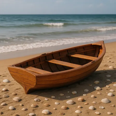 Wooden Rowboat Lying on the Shore of a Sandy Beach