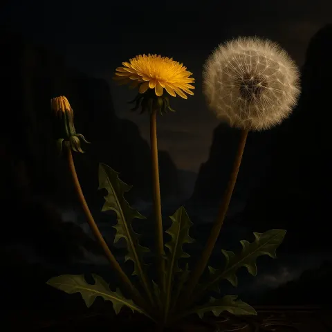 Four Dandelions—the First a Tightly Closed Bud with a Green-to-reddish