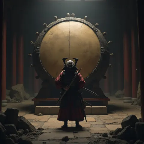 Samurai Strikes the Taiko Drum in Ancient Temple
