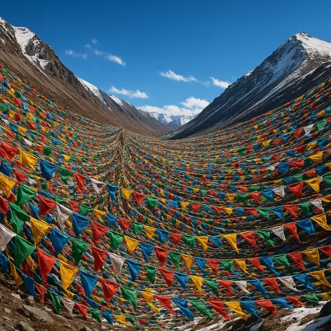 Thousands of Prayer Flags Flutter Vigorously on a High Mountain