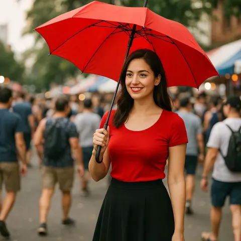 Woman in a Red Top and Black Skirt Stands Outdoors